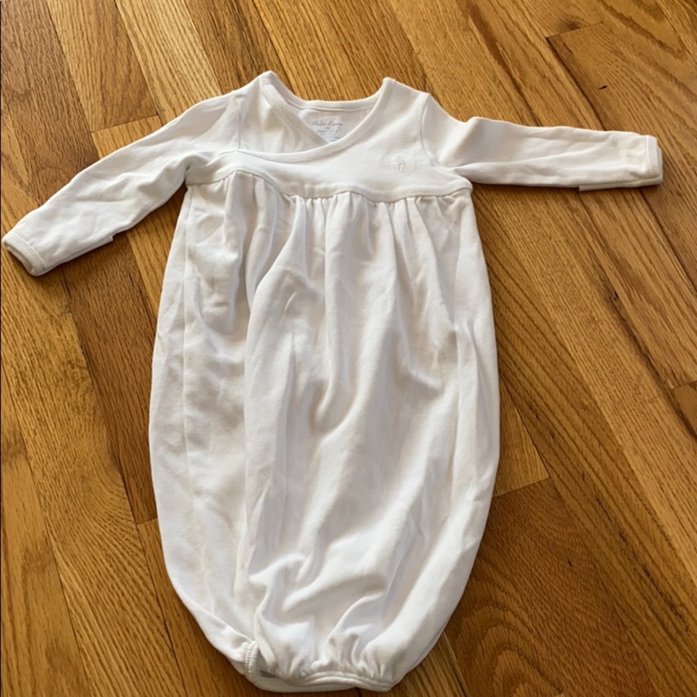 Ralph Lauren white onsie, hand covers, 3M